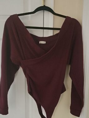 FREE PEOPLE Asymmetrical Wrap Rib Knit Bodysuit - Burgundy - NWOT